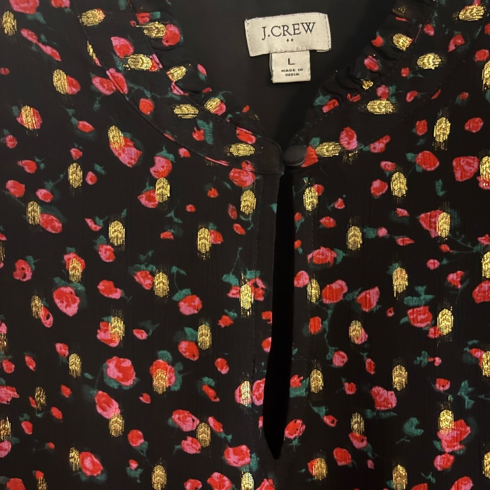 J. Crew Black and Pink Floral Blouse with Ruffled Neckline - Picture 2 of 3